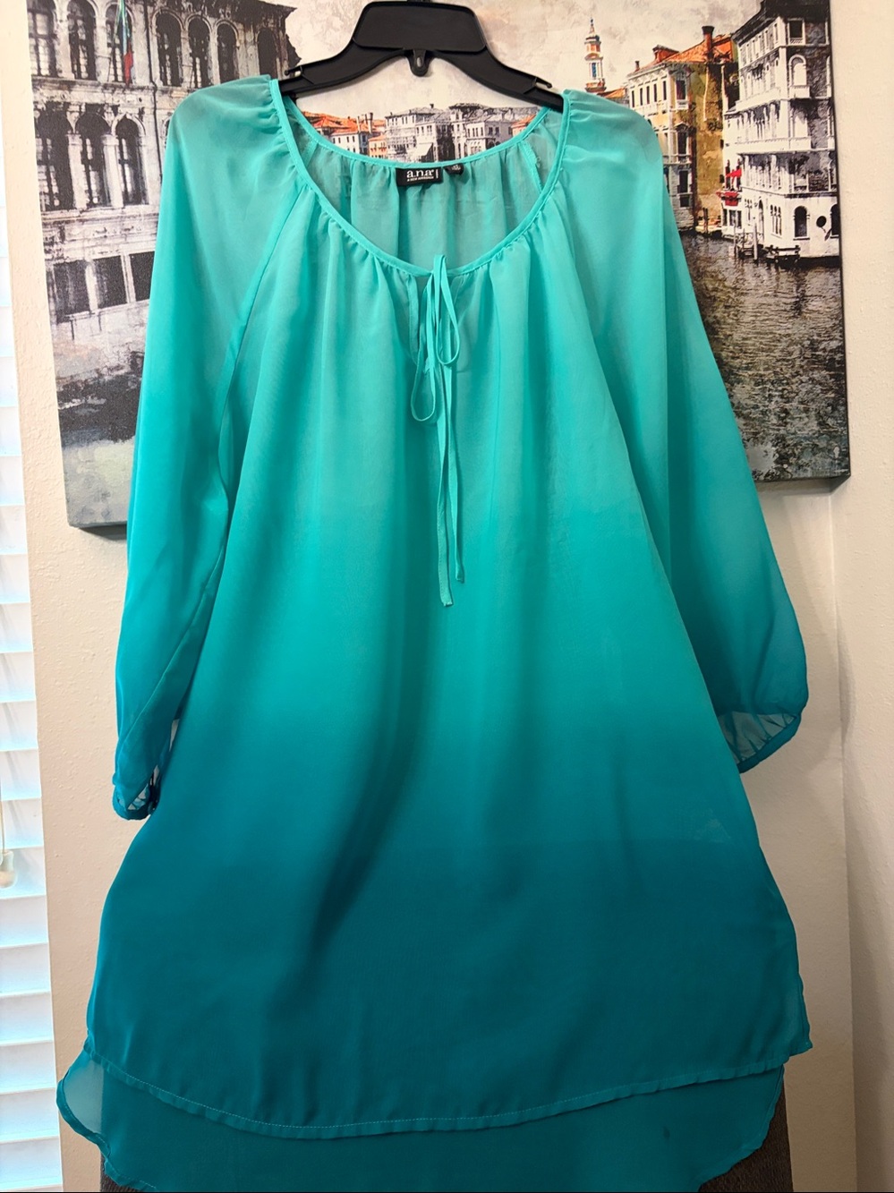 a.n.a Teal Sheer Tie-Neck Peasant Tunic 2X